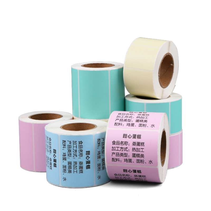 Papel térmico colorido de triple protección para etiquetas, 40*30, pegatinas de precios para tiendas de té con leche, 60*40, amarillo, rojo, azul, rosa, autoadhesivas