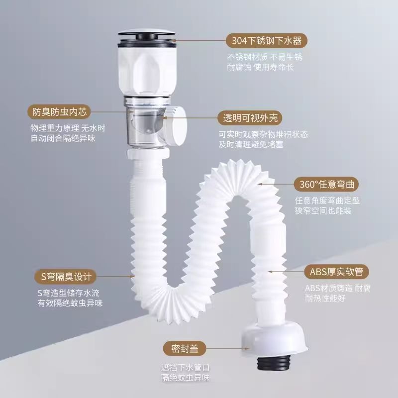 El desodorante de agua se descarga horizontal y verticalmente. El cabezal de goma del lavabo es retráctil.