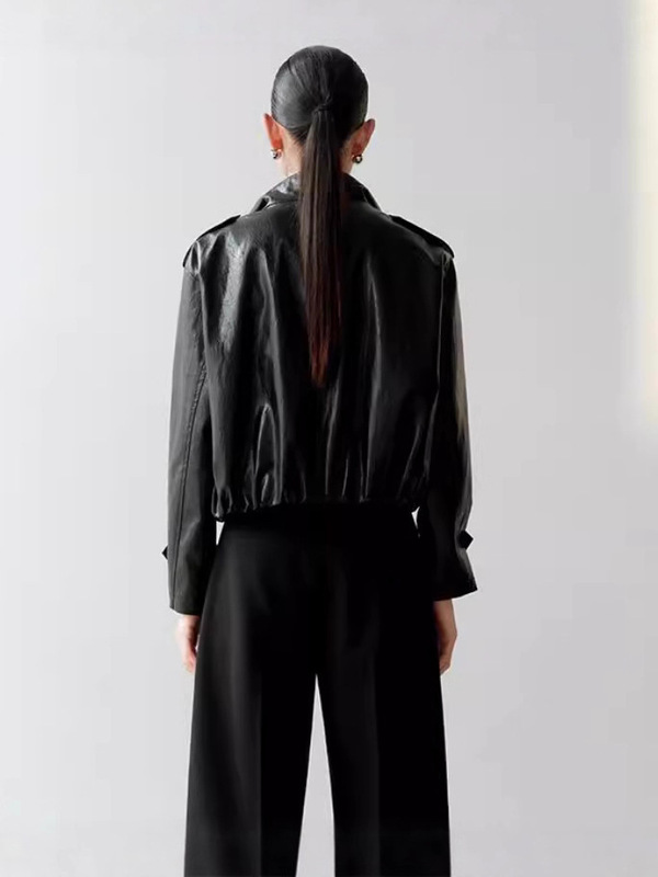 艾**丝女装2025秋季新款百搭双排扣立领皮衣黑色外套女AR103052|undefined