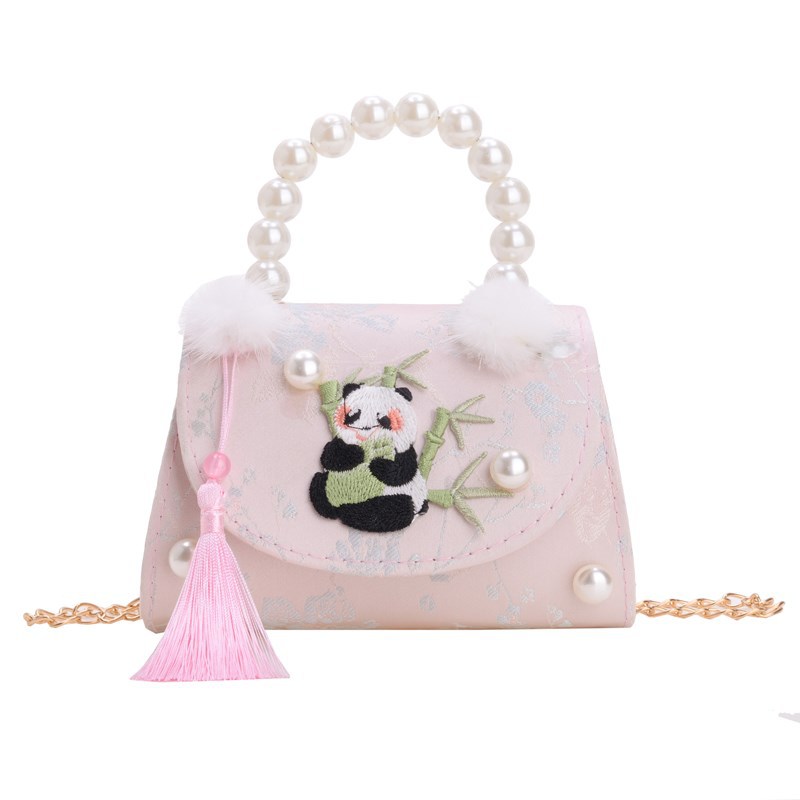 Bagos de hombro para niñas de viento pequeño lindos pandas bordados bolsos de perlas bolsos dulces flores cadenas bolsos para niños