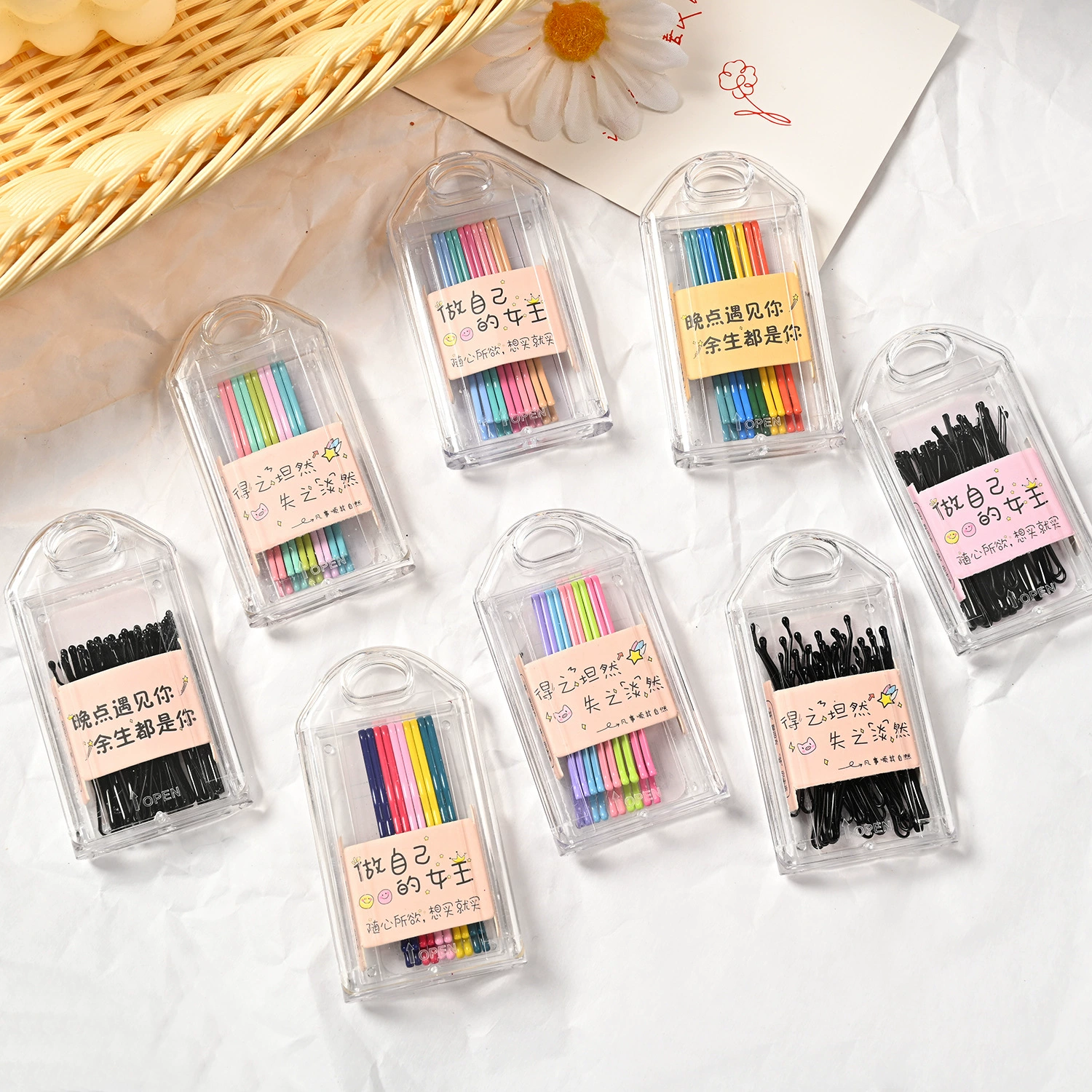 One-Word Hair Clip (Hyuna) — Stainless Steel Korean Candy Bangs Pin, 6 cm, Multi-Color Boxed Set