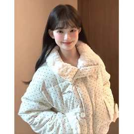 韩系甜美风波点毛领棉服外套女2025秋冬季宽松加厚保暖短款面包服