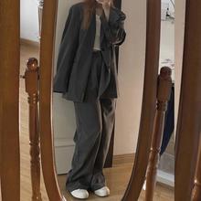 女士西装春韩版宽松黑灰色开衩外套阔腿休闲裤女三套装代发速卖通