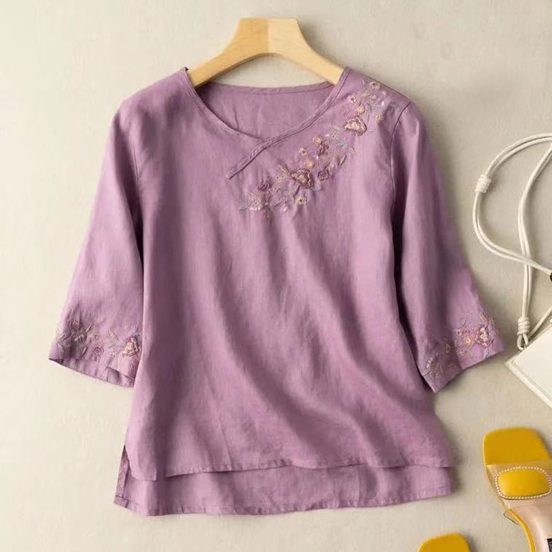 唐装女棉麻七分袖刺绣盘扣文艺复古衬衫女夏季宽松大码休闲上衣