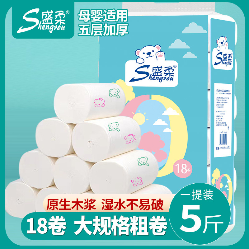 Household Printed Paper Towel Toilet Paper Large Thick Roll 5 Pounds 18 Rolls Wet and Dry 5-Layer Thickeneded Coreless Roll Toilet Paper