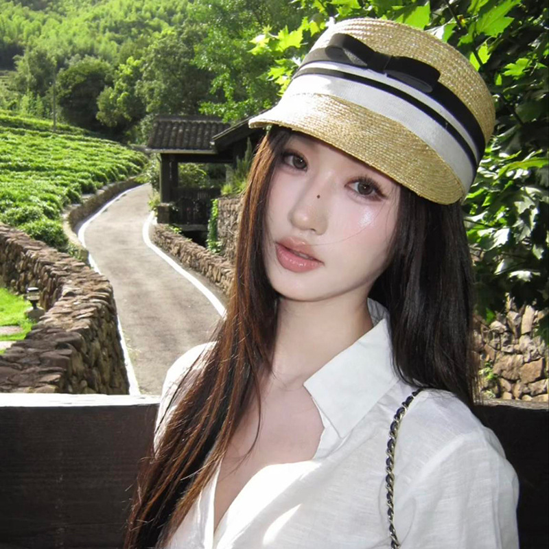 小香风麦秆编织蝴蝶结草帽女夏高级感度假遮阳帽复古草编马术帽子|undefined