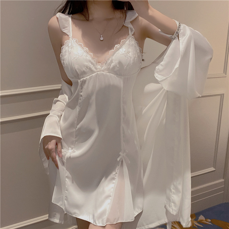 Women's Sexy Sleepwear Pure Desire Style High-End Summer Ice Silk Lace Sleep Dress with Straps and Bra Cup for Romantic Summer Vibe