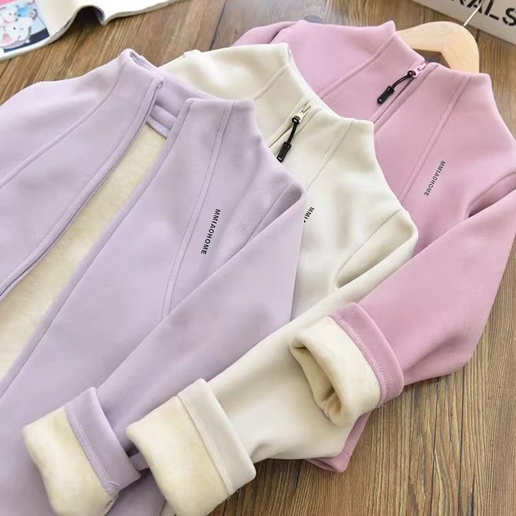 Autumn and Winter Outerwear Windproof Girls' Fleece-Lined Thick Stand Collar Jacket Children's Integrated Fleece Warm Thick Sweatshirt Trendy