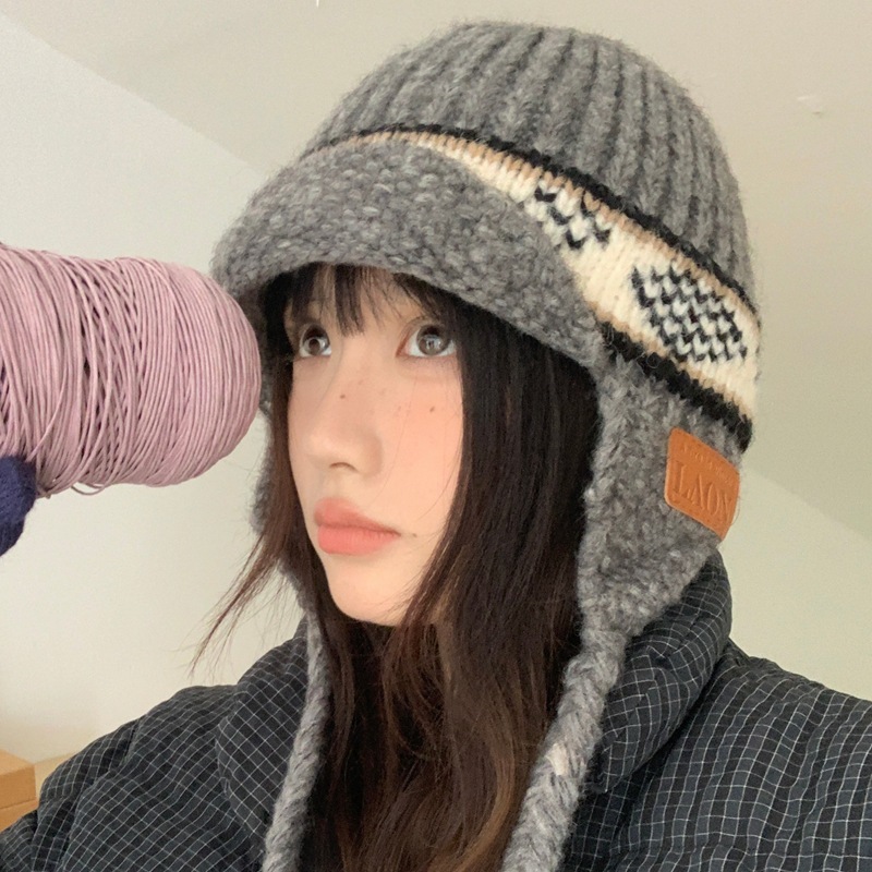 韩系复古提花针织雷锋帽女秋冬显脸小毛线帽显脸小保暖防寒护耳帽|undefined
