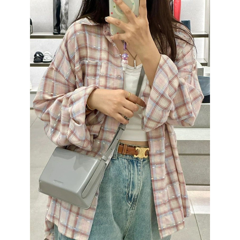 非实拍不减 休闲粉格织带衬衫女设计感翻领中长款防晒长袖上衣潮