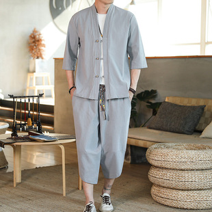 Summer New Chinese Style Linen Short-sleeved Jacket Large Size Tang Suit Hanfu Seven-sleeved Shirt Cotton and Linen Two-piece Set for Men