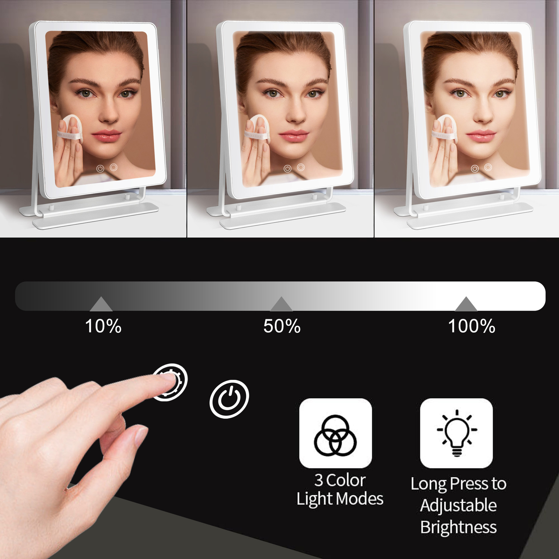 25X30CM espejo de maquillaje con lámpara led espejo recargable de escritorio grande cuadrado unilateral espejo de belleza HD