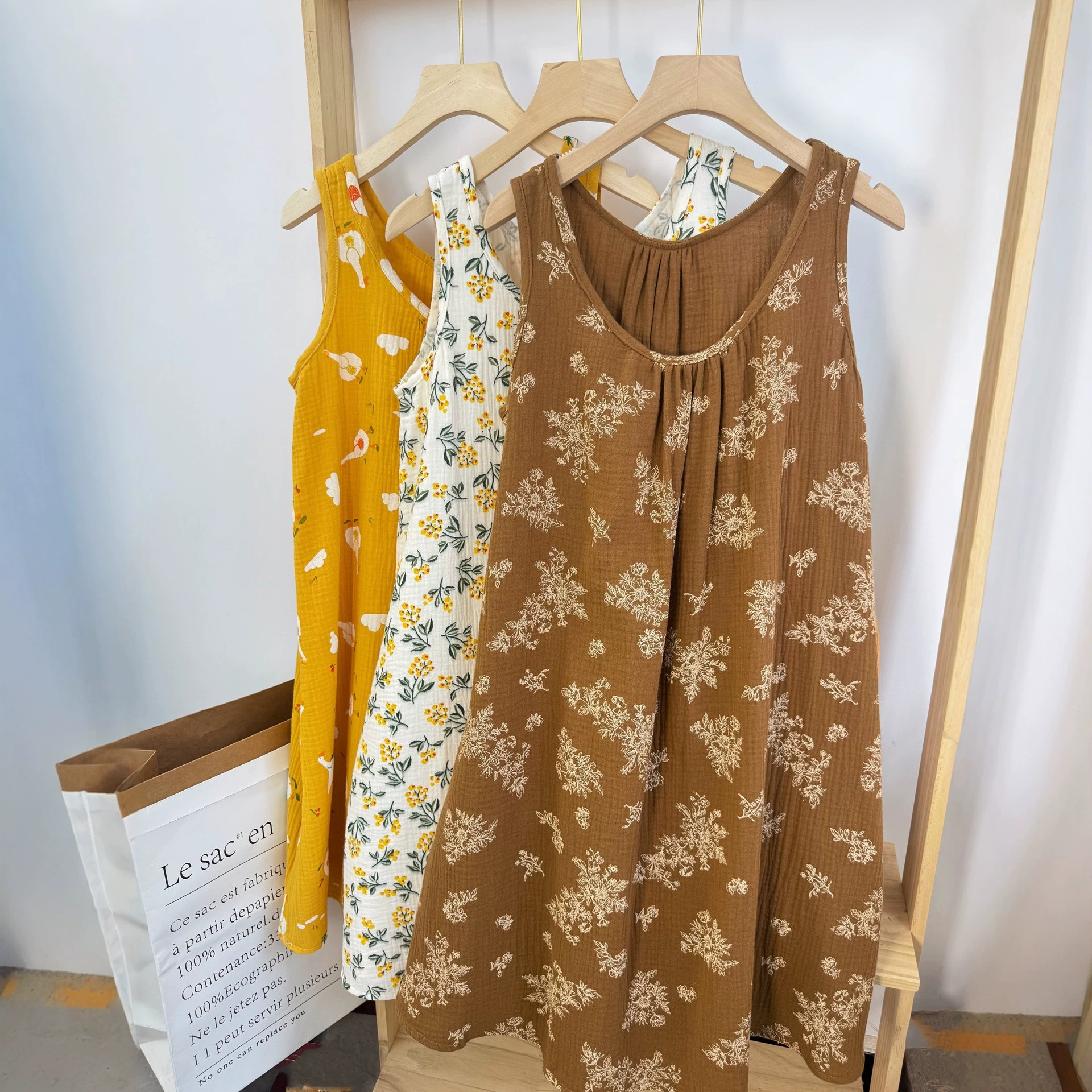 Summer Nightgown for Women, Double-Layer Crepe Gauze Vest Dress, Loose Cartoon Floral Casual Bear Home Dress, Suspender Dress