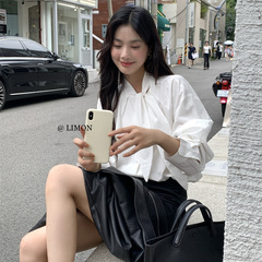 THE LIMON柠檬绿茶秋季2025复古甜飘带领宽松格子衬衫长袖上衣女
