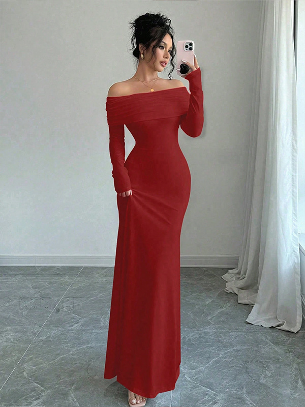 外贸礼服欧美女式女装 时尚优雅一字露肩交叉露背紧身长款连衣裙|undefined