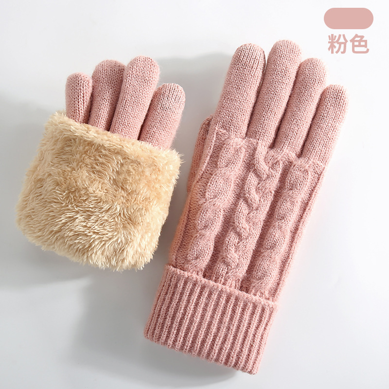 新しい女性用ニット手袋冬二重層プラスベルベット厚く暖かく防寒ジャカード屋外ウールタッチスクリーン手袋|undefined