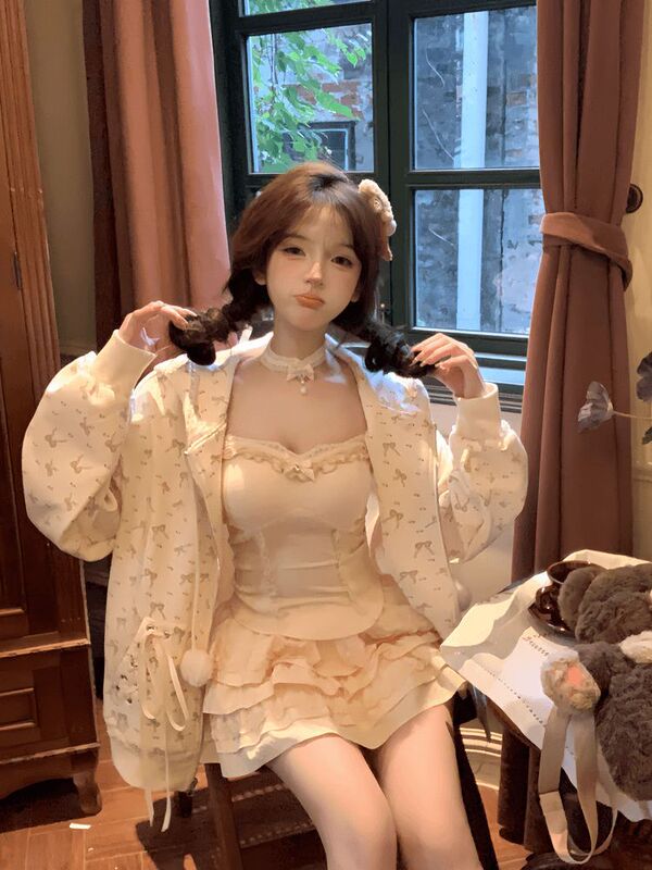 秋冬慵懒风连帽卫衣小众设计显瘦内搭蓬蓬半裙三件套雪尼尔氨纶|undefined