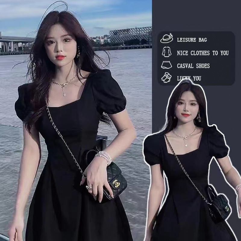 Hepburn style small black dress for women Summer new French retro square collar mid-length black puff sleeve dress Hepburn style small black dress for women Summer new French retro square collar mid-length black puff sleeve dress