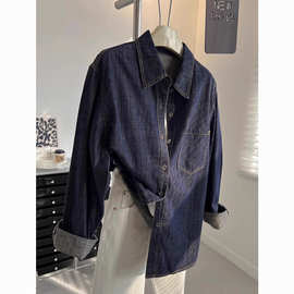 复古学院风翻领牛仔衬衫女春秋感休闲慵懒长袖气质衬衣薄外套