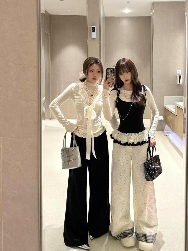 套装女2025秋季新款甜美假两件花边蕾丝吊带针织衫高腰波点阔腿裤|undefined