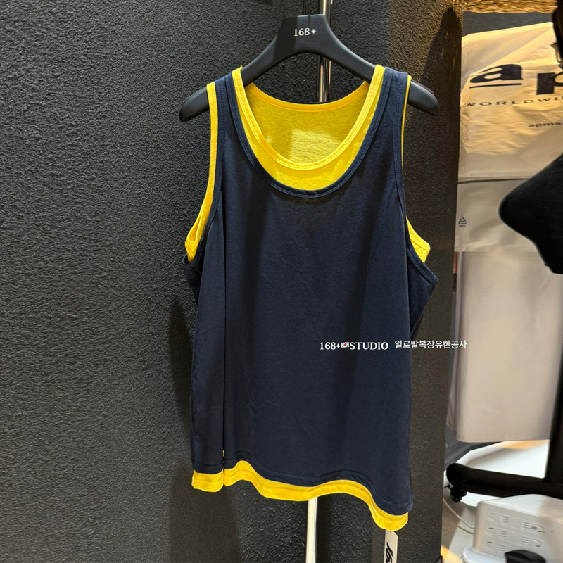 2025夏季无袖t恤女撞色两件套宽松叠穿背心中长款遮屁股吊带上衣|undefined