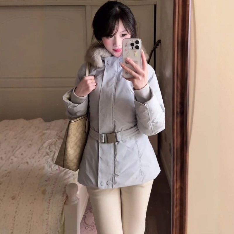 Korean Sweet Light Blue Fur Collar down Jacket for Women Winter Mid-Length Belt Waist Cotton Thickeneded Warm Jacket