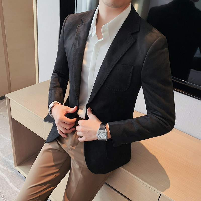 Transmisión en vivo para el otoño nueva chaqueta de traje de gamuza estilo coreano SLIM-Fit traje de color sólido traje casual de los hombres de moda