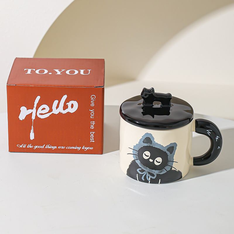 Cute gato gato taza de oficina taza de cerámica con taza de agua cubierta regalo pareja acompañante caja de regalo creativa de cumpleaños