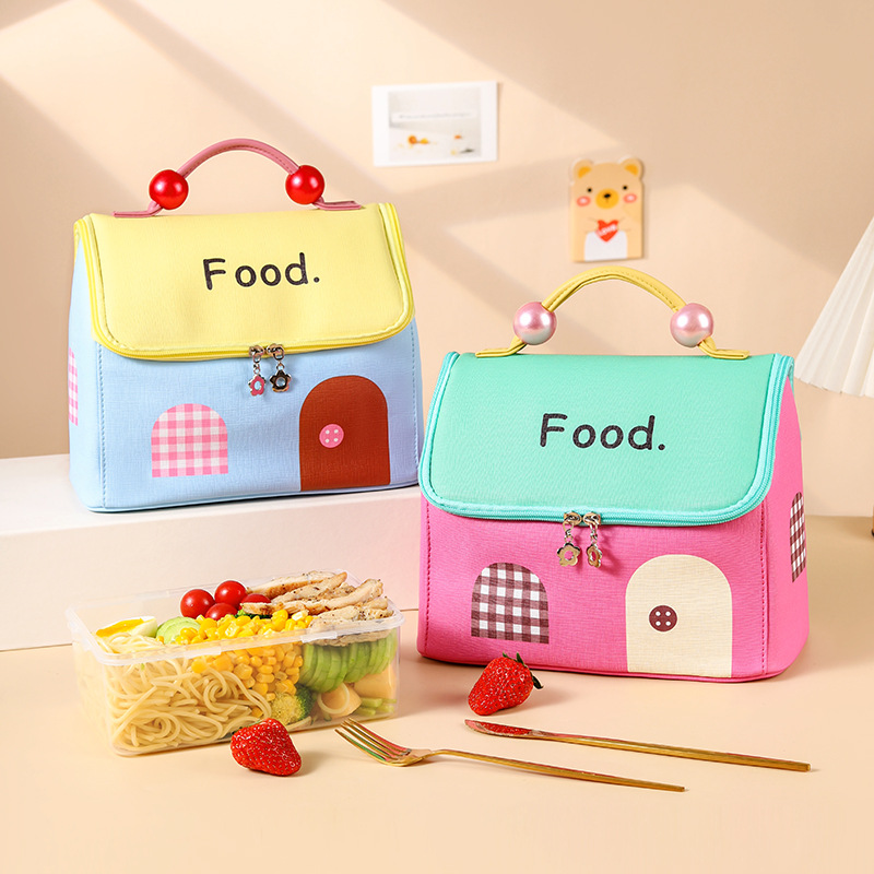 Bolsa de lonchera de alto valor, estilo caliente, linda casa pequeña, bolsa bento, bolsa de almuerzo con aislamiento, bolsa de almacenamiento portátil para el trabajo y la escuela