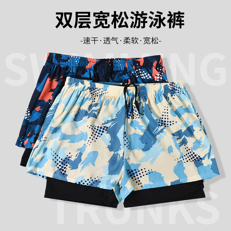 Nuevo traje de baño para hombre doble talla grande suelta para adultos pantalones de playa de aguas termales de secado rápido gafas de natación galvanizadas al por mayor