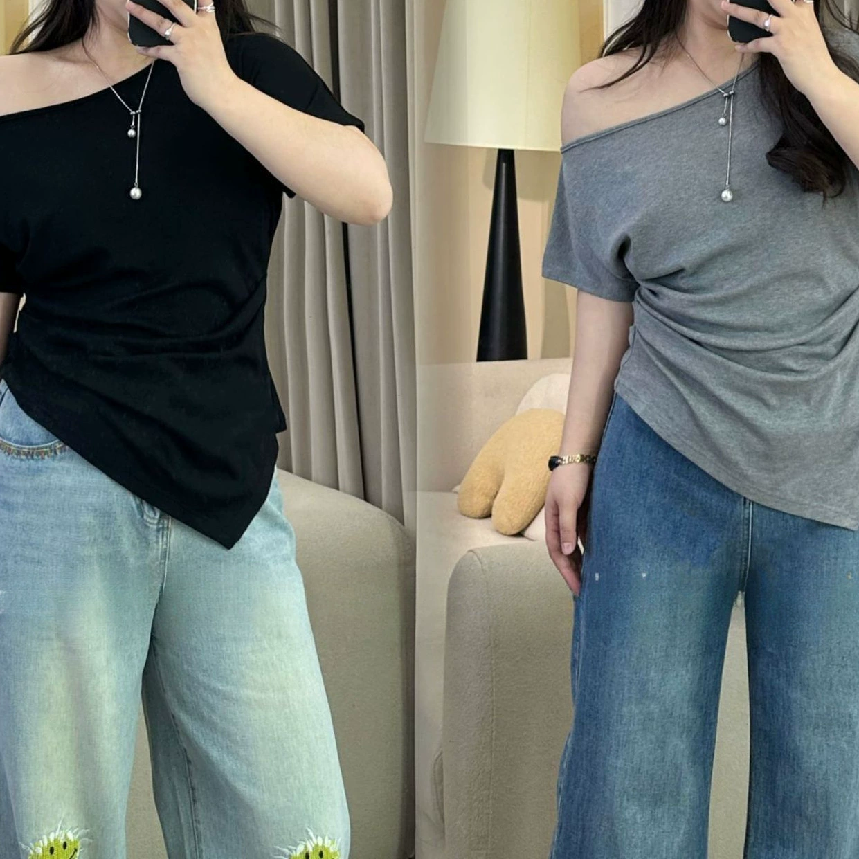 【现货】2025新款大码女装春夏不规则百搭显瘦气质T恤黑色灰色