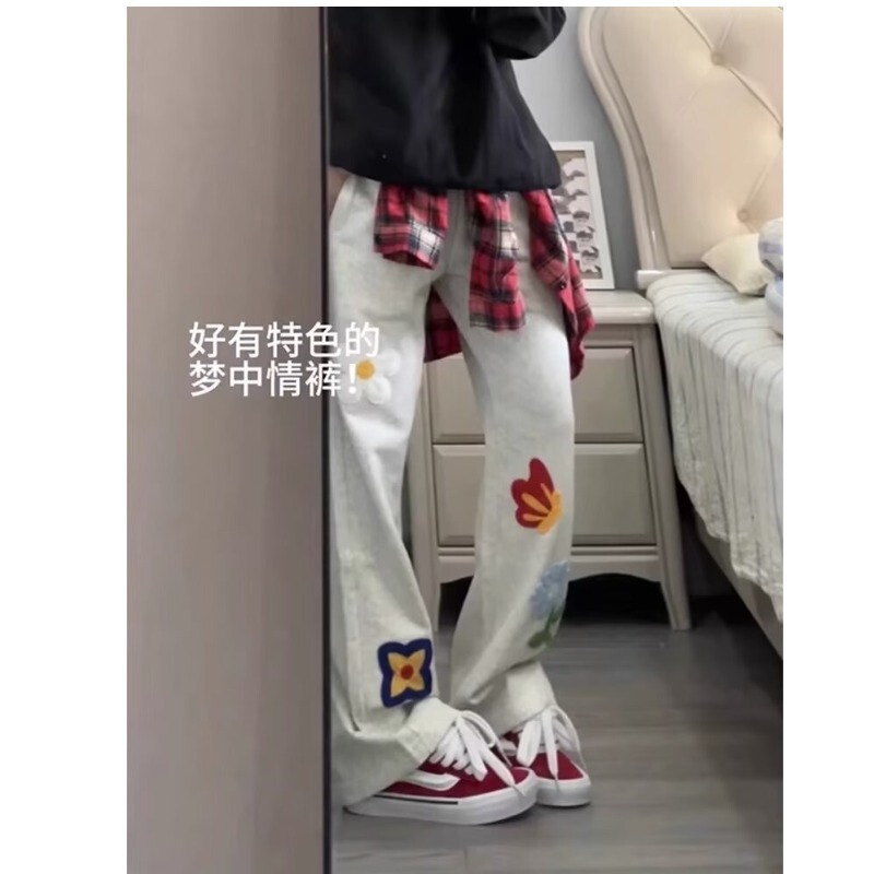 National Fashion Flower Embroidered Pants Men's Spring Teenagers Cool Handsome Straight Pants American-style hiphop Fashion Brand Casual Pants