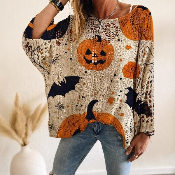 Cross-Border Amazon Autumn and Winter New Round-Neck Pumpkin Women's Long-Sleeved Versatile Loose Casual Hollow Sweater Pullover