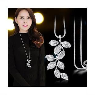 New South Korea Fashion Diamond Leaves Woolen Chain Long Pendant Branch Necklace Women's Clothes Accessories Hanging Jewelry