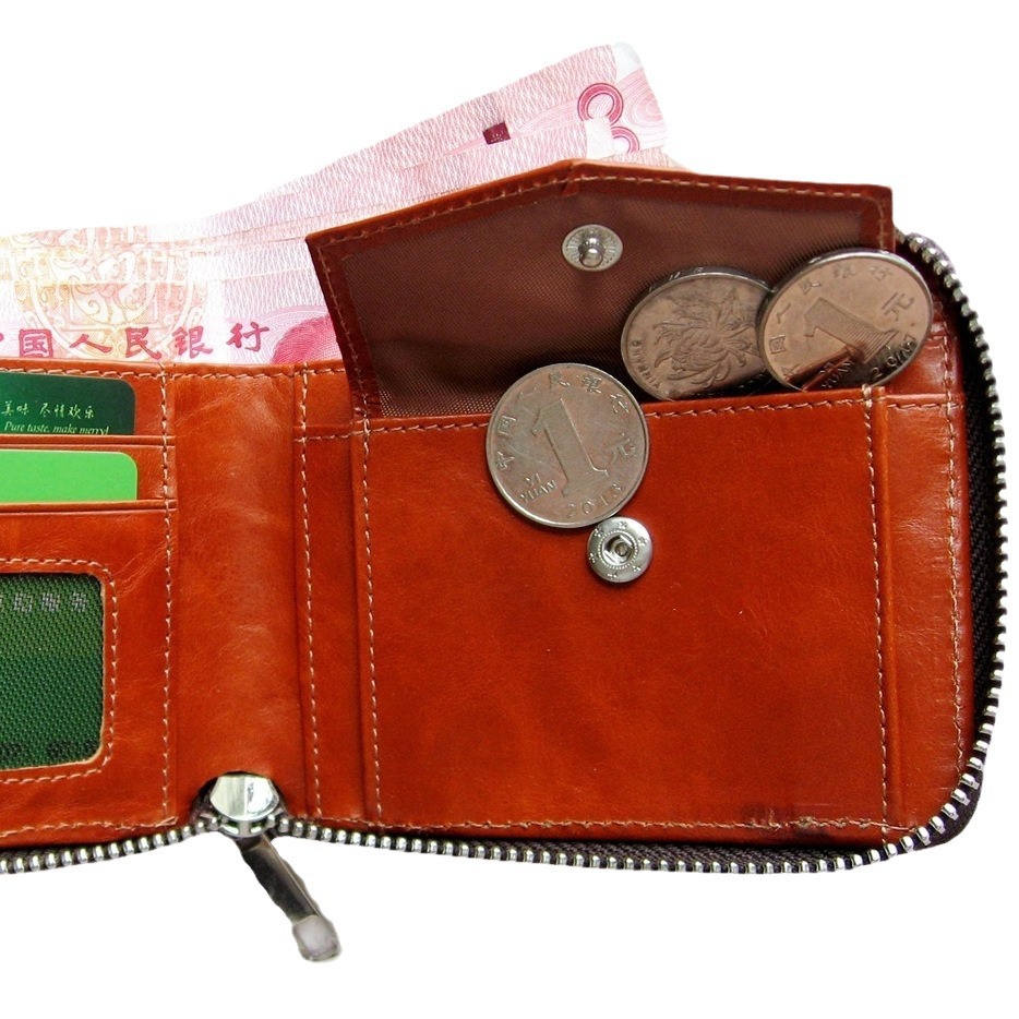 Cartera pequeña de cuero genuino para hombre, con cremallera, diseño simple, piel de vaca, protección antirrobo, piel aceitada