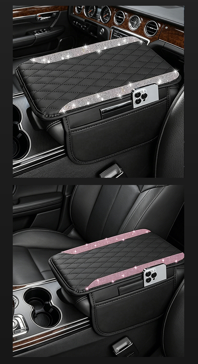 Cross-Border Central Armrest Box Mat, New Diamond Leather Hot-Selling Car Armrest Mat, High-End Armrest Mat with Storage Bag