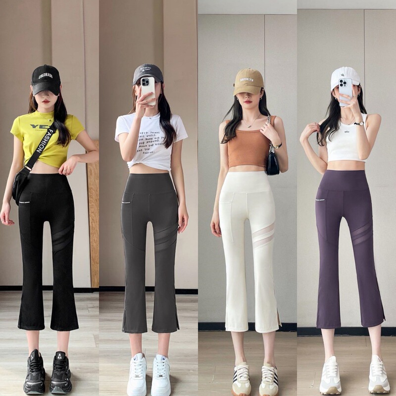High-Waisted Slimming Sports Yoga Leggings with Side Mesh Pockets and Slit Flared Pants for Women, Spring and Summer Thin Outerwear High-Waisted Slimming Sports Yoga Leggings with Side Mesh Pockets and Slit Flared Pants for Women, Spring and Summer Thin Outerwear