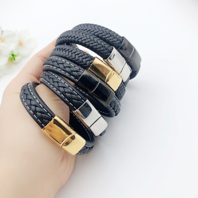 12X6Mm Edge-Wrapped Rope Bracelet Men's Bracelet Stainless Steel Buckle Leather Rope Bracelet High-End with One Side Adhesive Strap