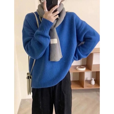 温柔浣熊绒圆领毛衣女宽松外穿秋冬慵懒风套头蓝色软糯打底针织衫|undefined