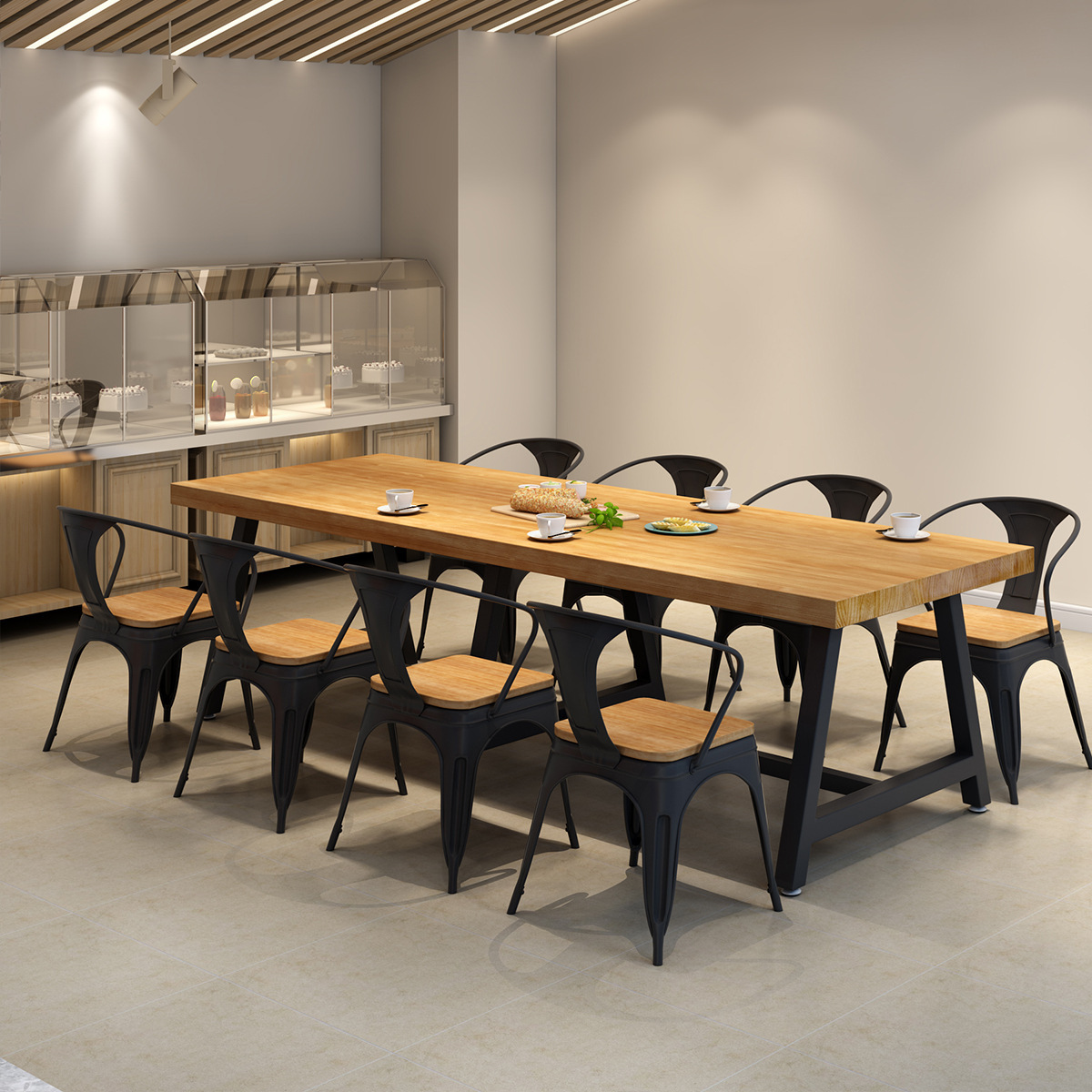 Simple solid wood wrought iron dining table and chairs