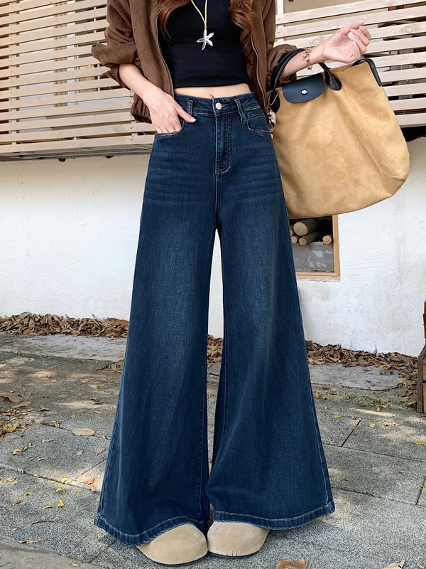港风复古阔腿牛仔裤女秋季大裤脚休闲裤高腰直筒裤子显瘦拖地长裤|undefined