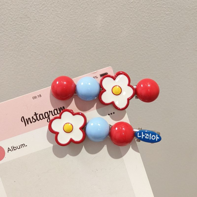 韩系新款红蓝撞色圆珠花朵发夹可爱碎发前额侧边发卡刘海夹头饰批|undefined