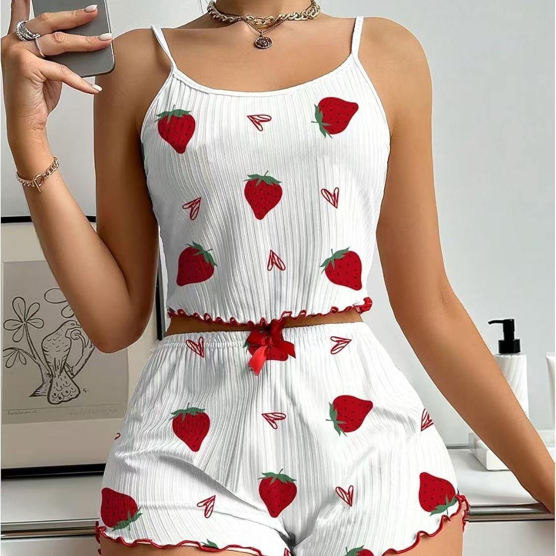 Cross-Border European and American Style Women's Pajamas, Printed Camisole and Shorts, Two-Piece Loungewear Set, Loose European and American Style