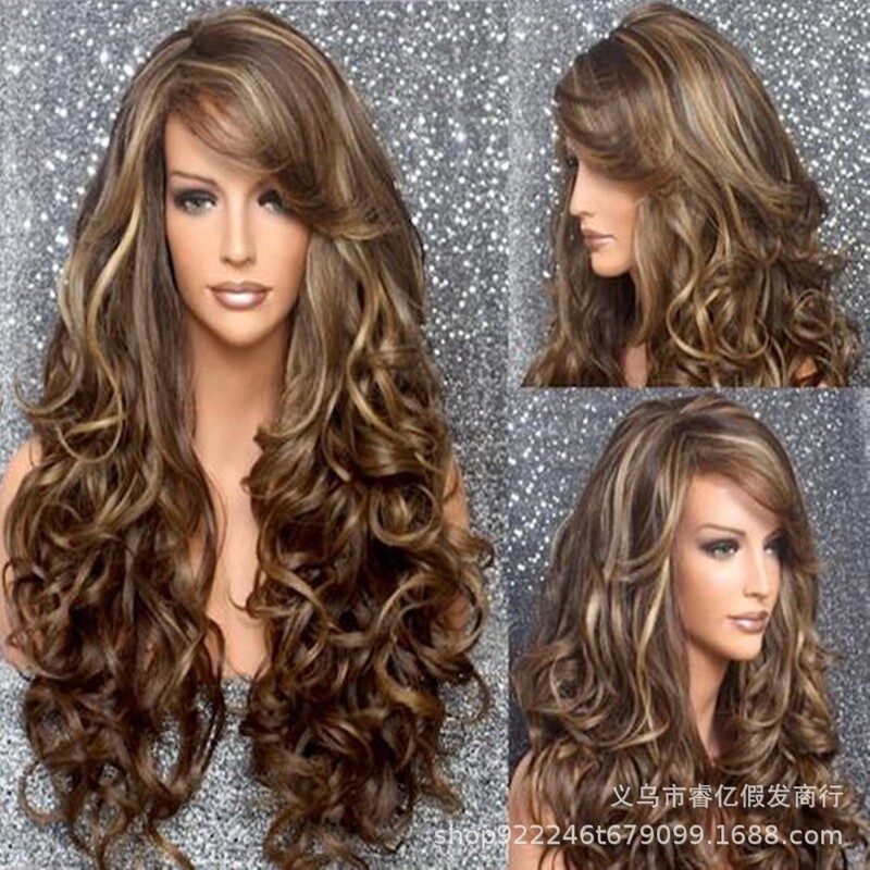 European and American cross-border female long curly hair synthetic fluffy COS brown wig Yiwu factory spot wholesale inventory low price