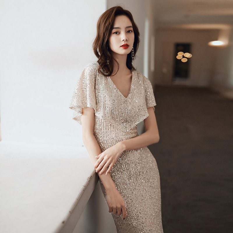Vestido de noche estilo sirena para mujer, nuevo estilo 2026, corte ajustado, elegante, con lentejuelas, para anfitriona de banquete.