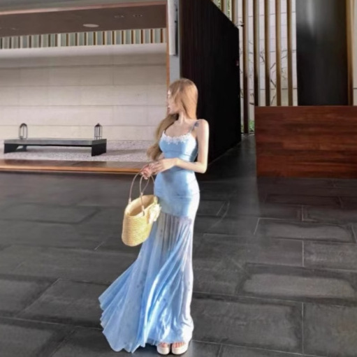 海辺の夏バレエリゾートスタイルスーパーフェアリーレーススプライシングサスペンダースカートメッシュブルーミングフラワーフィッシュテールスカートが美しい|undefined