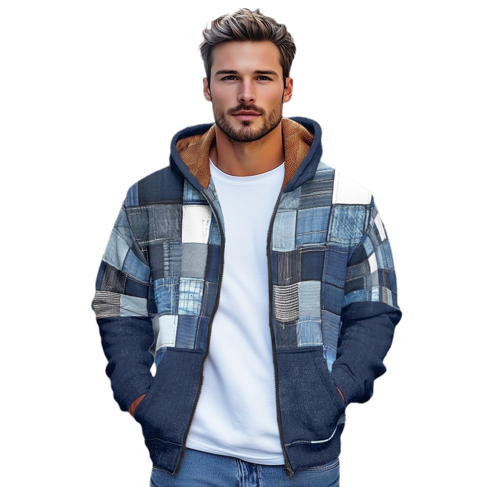 Giacca in cotone spesso con cappuccio e cerniera da uomo in stile europeo stampato autunno e inverno 2024_voghion.com