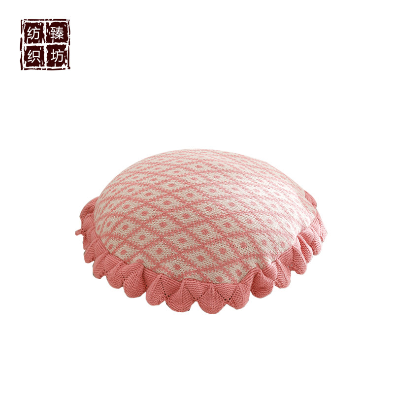 ins风全棉花边圆形针织抱枕靠垫枕头 家居软装配饰 拍照道具