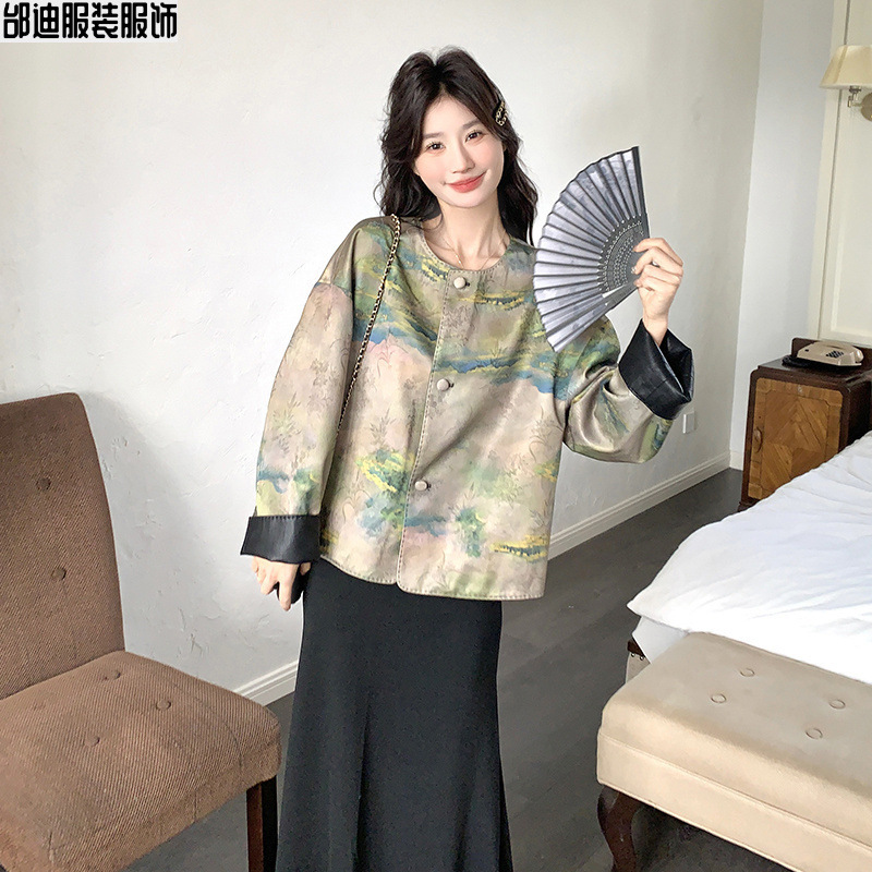 青绿山水国风新中式皮衣外套女2025春装新款小众高级感皮夹克上衣|undefined