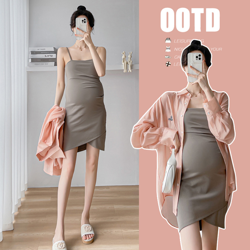 Maternity Summer Dress Style Fashion Hot Mom Temperament Slim Short Suspender Skirt+Sun Protection Shirt